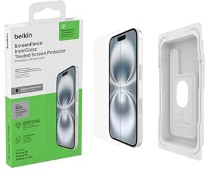 Belkin ScreenForce InvisiGlass Treated Screen Protector for iPhone 16, iPhone 15, & iPhone 14 Pro, Scratch-Resistant Impact Protection w/Included Easy Align Tray for Bubble Free Application - Made