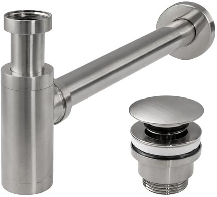 Rea Siphon Lavabo de salle de bain BRUSH NICKLE INOX avec bouchon Click-Clack Siphon universel en laiton pour évier (brossé, nikiel)