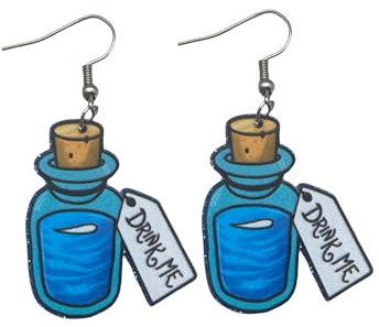 Fun Pair of “Drink Me” Glitter Drop and Dangle Earrings for Alice in Wonderland Costumes, Mad Hatter Costumes and More. Fun Pair of Drink Me Mini Bottle Fan Inspired Earrings for Queen of Hearts