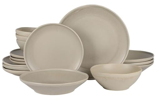 Gibson Elite Island Cove Geschirr-Set, 16-teilig (Service für 4) Teller und Schüsseln, reaktive Glasur, organisches rundes Geschirr, Steingut, Keramik, Hellgrau