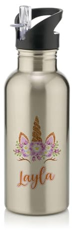 Personalised Glitter Flower Unicorn, Best Gift For Girls, Stainless Steel 600ml Water Bottle with Straw. (Silver)