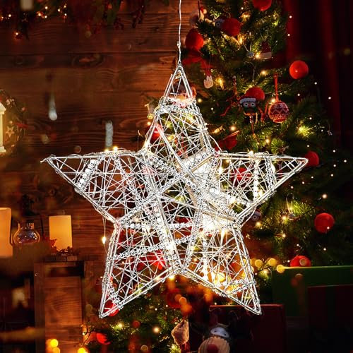 LED Stern Tischlampe, 35cm LED-Lampe in Sternform Stimmungslicht zum Aufhängen, Batteriebetriebene Metalllampe mit 20 LEDs, Nachttischlampe Tischdeko, Weihnachten Winter Fenster Dekoration, Silber