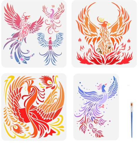 FINGERINSPIRE 4 Malschablone Mit Flammen Phönix Und 1 Kunststoff Pinseln Wiederverwendbar 4 Stile Phönix Schablone Tiermotiv Phönix Muster Malvorlage Zum Malen Auf Holzböden Und Wänden