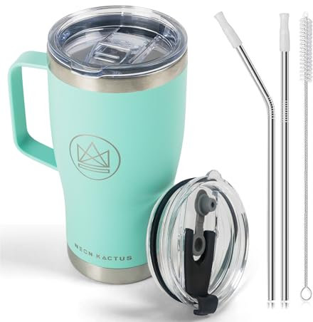 Neon Kactus 600ml/20oz Insulated Travel Mug with Handle, 2 x Stainless Steel Straws & 2 x Spillproof Lids, Vacuum Double Wall Stainless Steel Tumbler for Hot & Cold Drinks - Free Spirit