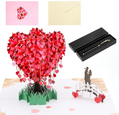 Pop-Up Geburtstagskarte, 3D Liebesbaum Pärchen Karte Personalisiert Paar Valentinstag Jahrestag Karte mit Stift & Geschenkbox, Liebeserklärung Karte für Freundin Freund Geburtstagskarte, Hochzeitstag