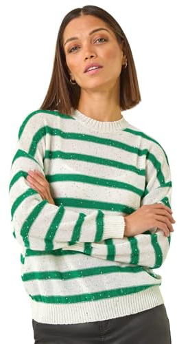 Roman Women Stripe Print Jumper Ladies Winter Autumn Knit Knitted Sweater Embroidered Knitwear Casual Smart Round Crew Neck Pull Over Everyday Going Out Party