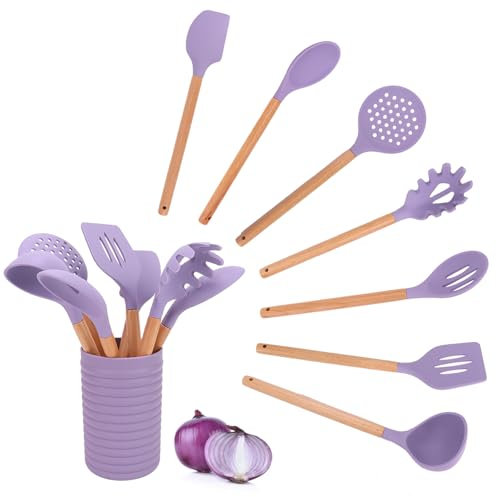 Justup Küchenhelfer Set, 8-teiliges Silikon Kochutensilien Kochbesteck Set, Hitzebeständiger Kochgeschirr mit Utensilienhalter, Antihaft Kochset Küchenutensilien mit Löffel, Spatel, Halter (Lila)