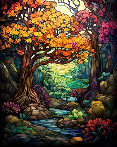 YarnAdventures Grand arbre peinture à l'huile toile de dessin numérique,Style de vitrail,Peinture par numéro Kits pour Adulte,décorations de Noël,cadeaux,40x50cm sans cadre