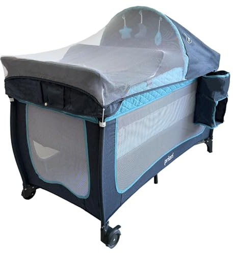 Priori Baby Zus Cuna de Viaje Plegable 4 en 1 para Bebé - con Cambiador, Mosquitera, Juguetes, Ruedas con Freno, Bolsa Transporte, 0-3 Años hasta 15 kg (Azul)