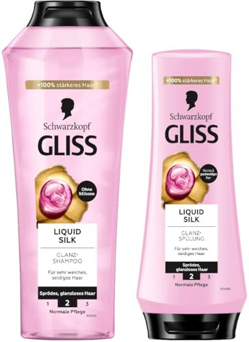 Gliss Shampoo (400 ml) & Spülung (200 ml) Liquid Silk mit Ceramiden & Seide, Glanz-Shampoo & Pflegespülung für sprödes und stumpfes Haar, glättet die Haaroberfläche für Haare wie Seide
