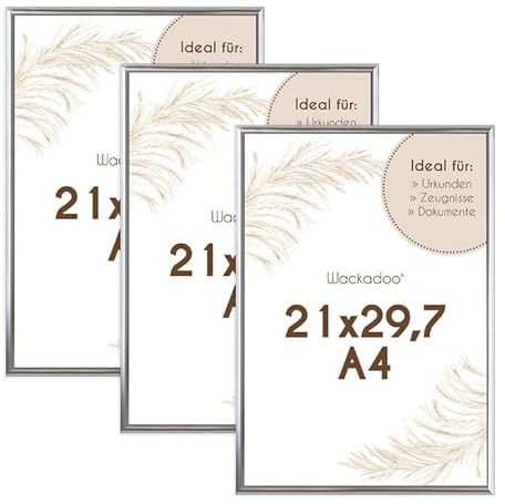 Wackadoo Bilderrahmen A4 21x29.7 (DIN A4) Silber 3er Set Fotowand Fotorahmen aus leichtem Kunststoff mit Glas Picture frame Poster