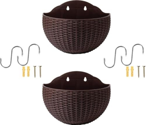 2 Stück Wand Blumentopf, Blumenampel, Blumentopf Hängend für Innen Außen, Halbrunder Rattanimitat Hängetopf für Pflanzen mit Ablaufauslass und 4 Haken, Wandvase für Garten, Zaun, Terrasse (Kaffee)