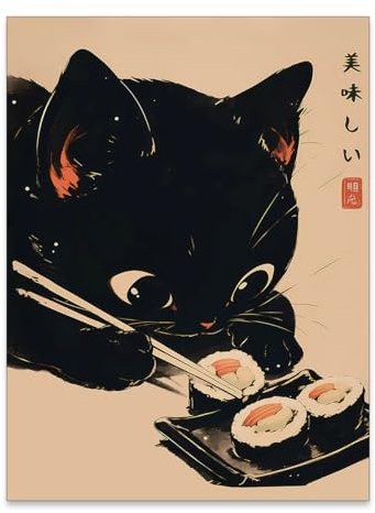 Heltrappe Japanese Cute Black Cat Animal Canvas Poster Delicious Food Sushi Wall Art Vintage Unique Aesthetic Prints for Kitchen Dining Room Wall Decor 12x16 inch Unframed