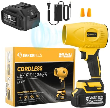 SakerPlus Soffiatore portatile senza fili, con 2 batterie, 21 V, 4,0 Ah, ventilatore elettrico portatile, regolabile a 3 velocità, mini soffiatore leggero per cortile, patio, garage, auto (giallo)