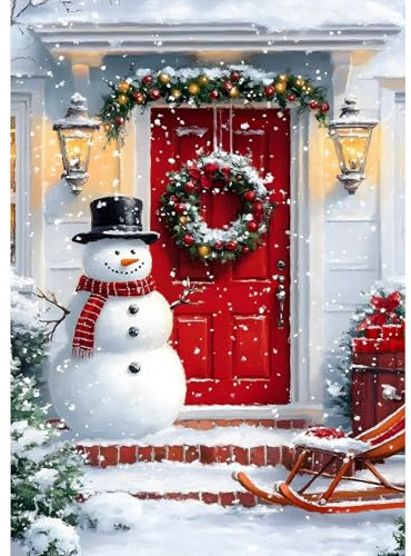 MXJSUA Schneemann Mit Roter Weihnachtstür Diamond Painting Erwachsene, 5D Diamant Painting Bilder Anfänger, DIY Runder Vollbohrer Diamanten Malerei Geschenke Home Wand Dekor 30x40cm