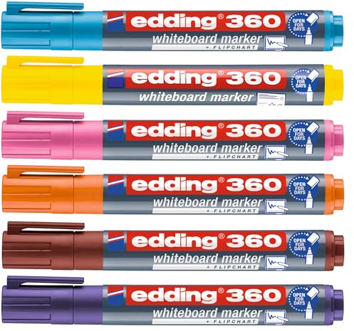 edding 360 Whiteboardmarker - bunte Farben - 4 Whiteboard Stifte - Rundspitze 1,5-3 mm - Boardmarker abwischbar (Farbmix Edition, 6er Set)