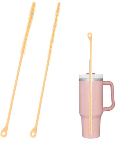 Silicone Straw Cleaning Brush, 2Pcs Reusable Straw Cleaner Brush 9.5in Extra Long Soft and Bendable Non-slip Handle, 6mm+9mm (Orange)