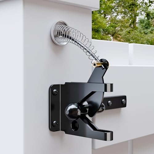 SANKEYTEW Gartentorriegel, Stahl Automatisches Türschloss, Selbstsichernd, Feder mit Verstellbarem Schloss Nylonschnur, Geeignet für Metall- und Holzzäune - Schwarz