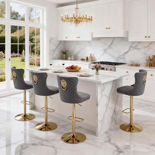 Relbiety Lot de 4 Tabourets de Bar Velours Hauteur Réglable, Chaise de Bar Pivotante 360° avec Dossier, Pied Métal Doré,Tabouret de Comptoir Moderne pour Cuisine,Gris foncé