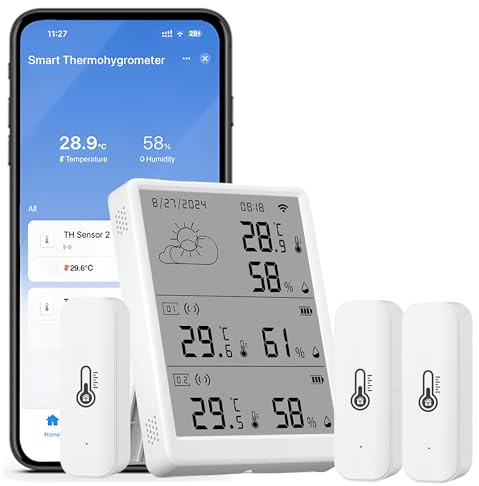 Termometro Igrometro WLAN interno: monitoraggio della temperatura e dell'umidità tramite app, sensore di temperatura con display LCD, memoria dati, compatibile con Alexa, 3 sensori e stazione base