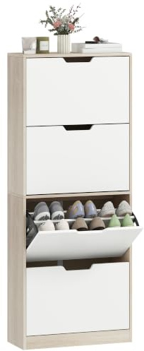 HOMCOM Scarpiera Salvaspazio Slim Ingresso per 16 Paia Color Legno e Bianco | 4 Ante a Ribalta, Ripiani Regolabili, Porta Scarpe, Maniglia a Incavo, 62.5x26x156 cm