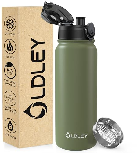 OLDLEY 600ml/20oz Stainless Steel Water Bottle Double Walled Vacuum Flask Keep Drink Hot and Cold Leakproof BPA Free 600ML Metal Insulated Water Bottle for Sport School Work Outdoor Hiking (Olive)