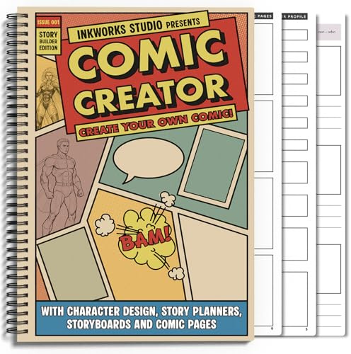 InkWorks Comic Book Drawing Kit with Character Story Planning | Blank comic panels, wirebound design, 150GSM paper, world-building templates, ages 8-13