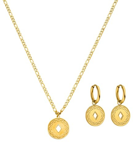 Purelei Lolani Set – 2-teiliges Schmuckset aus Lolani Kette & Lolani Creolen – Edelstahl, wasserfest, 18K vergoldet – gemusterte Coin-Anhänger – verstellbare Kette 45–50 cm