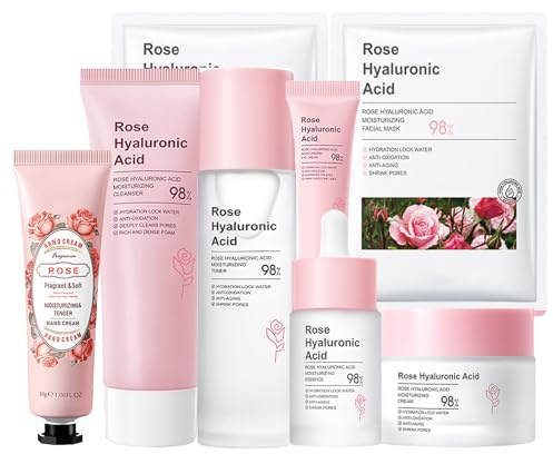 Skin Care Set per ragazze – Skincare Set – Rosa Hyaluronic Acid Beauty Regali – Umidità & Anti-invecchiamento – Set regalo da donna – Cleanser Toner Siero Crema Occhi