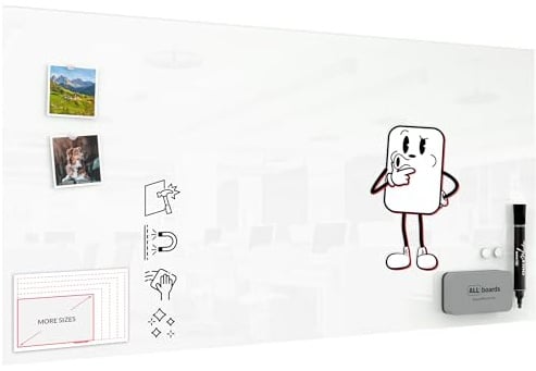 ALLboards Glasboard – Premium White Weiß 120x60cm + Zubehörset, Glastafel, Glas-Schreibtafel, Tafel für das Büro, Whiteboard, Bürotafel
