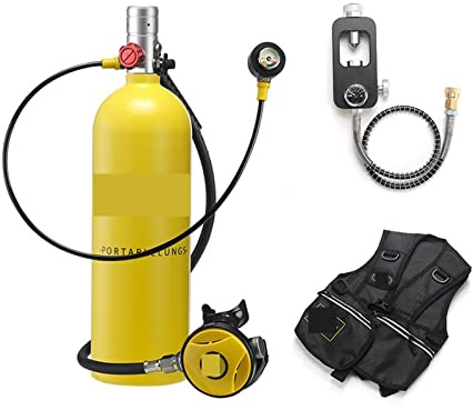 LLOOPK Bouteille de plongée, 2L Plongée Snorkeling Équipement Réservoir D'oxygène Manomètre Résiduel(Yellow Bottle Silver Head)