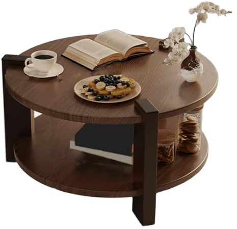 Table Basse Table Basse Ronde en Bois avec Rangement, 2 Niveaux, idéale for Le Salon, Appartement ou Maison. Extensible(80cm)