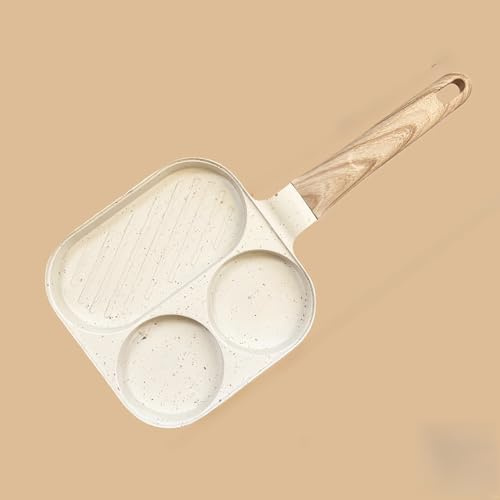 Nonstick Aluminum 3 Section Frying Pan with Glass Lid Spatula and Oil Brush for Efficient Multi Item Breakfast Cooking (Beige)