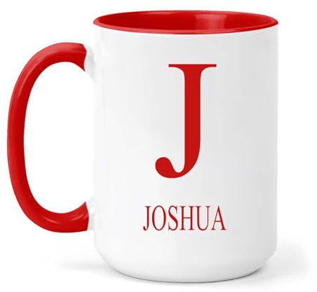 grabmybits Joshua Personalized Initial Mug - Custom Name Ceramic Cup for Tea or Coffee Gift - Red