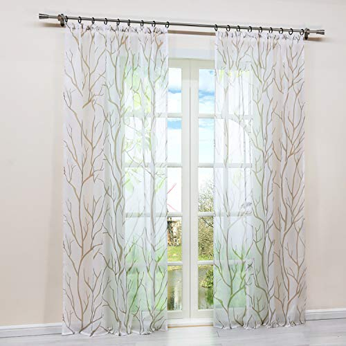 HongYa 1 Stück Transparente Gardine Schal mit Kräuselband Voile Vorhang Fensterschal Äste Muster H/B 225/140 cm Weiß Sand