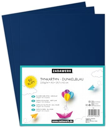 ZADAWERK® Tonkarton - 220 g/m² - DIN A3 - Dunkelblau - 50 Blatt - Bastelkarton - farbige Pappbögen zum Basteln - Tonzeichenpapier dick - 42x29,7 cm groß - Bedruckbar