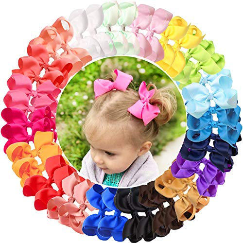 JOYOYO 40 Pcs Girls Hair Bows Craft Ribbon Bows for Girls - Medium Size Bright Colors 4.5 Inch Hair Bow Clips for Toddlers, Little Girl