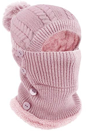 TAGVO Hiver Chaud Tricoté Bonnet Et Ensembles De Cache-Cou, Flexible Avec Boule De Poils,Doublé En Molleton Épais Doux,Masque Facial Réglable Pour Les Femmes Pour Les Sports De Plein Air