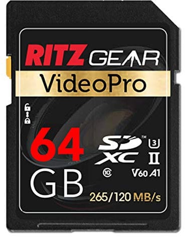 RitzGear Extreme Performance Video Pro 64GB 4K Ultra HD SDXC U3 V60 A1 Memory Card (Read 265mb/s 120mb/s Write)
