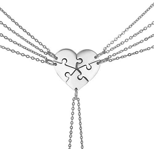 JewelryWe Schmuck Personalisierte Halskette mit Gravur, 5PCS Herz Puzzleteile Anhänger, Edelstahl Familien Freunde Kette Geschenk Silber