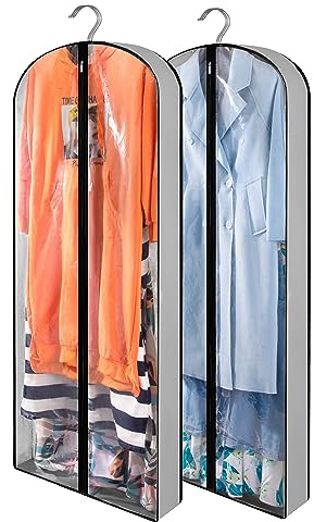 2 Pack Clothes Dress Covers with Zip, 60 (150cm) Garment Bags Clothes Storage Gusseted Suit Covers Protector Bags Breathable Hanging Garment Covers Suit Bag Jacket Coat dress Covers for Wardrobe