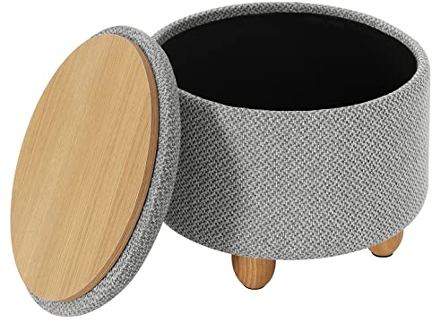 WOLTU Round Stool with Storage Space, Footstool with Lid, Padded Stool, Solid Wood Legs, Linen Cover, Diameter 39x33cm, Light Grey