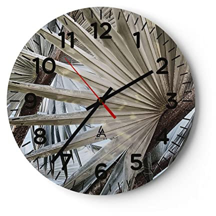 Modern Wanduhr Blatt Palme Natur 30x30cm Rund Klein Wand Uhr Glas Analog Zimmeruhren Küche Büro Wohnzimmer Glasuhr Wall Clock Dekoration Design Wanddekoration Küchenuhr C4AR30x30-5056