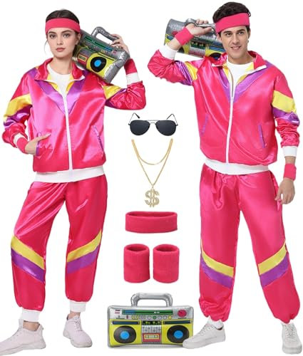 FOVER 80er Jahre Outfit Herren Damen Kostüm Trainingsanzug Pop Art Retro Stil Kostüm Accessoires set mit Aufblasbares Radio Sonnenbrille Halskette Schweißband set für Mottoparty Fasching Rosa 14M