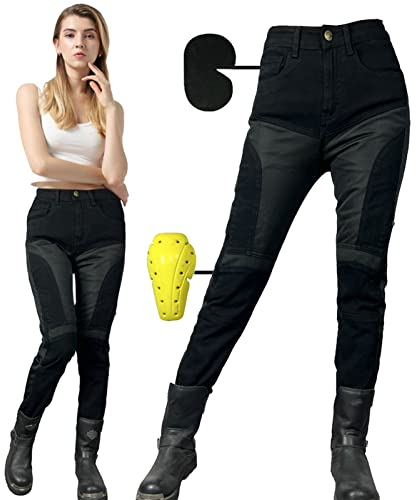 Pantalon moto Mujer con Equipo de Protección - Pantalón Cargo Vaquero para Verano, Elástico para Motocross y Moto con 4 Juegos de Almohadillas Protectoras (Normal-Armor,L)