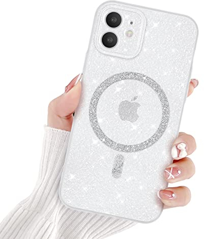Newseego Glitzer iPhone 12 Hülle für Mädchen Frauen [Kompatibel mit MagSafe] Niedliche Magnetische Handyhülle iPhone 12 Transparent Ultra Slim Stoßfest Kameraschutz Bumper Cover für iPhone 12-Weiß