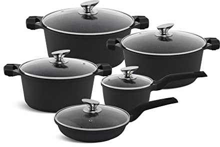 10-tlg Schwarze Töpfe INDUKTION GLASDECKEL Topfset, Keramik, Pfanne, Kasserolle Geschenk