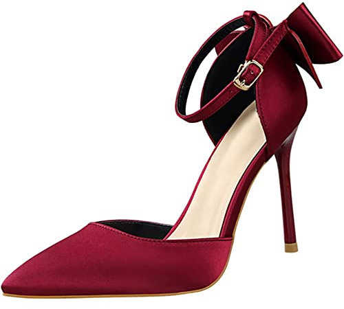 EXECAB Damen-Pumps mit Spitzen Zehen und Knöchelriemen, Pumps mit Schleife, Stiletto-Sandalen für Damen, Pumps mit Spitzen Zehen, Kleid, Party-Sandalen,Wine red,42