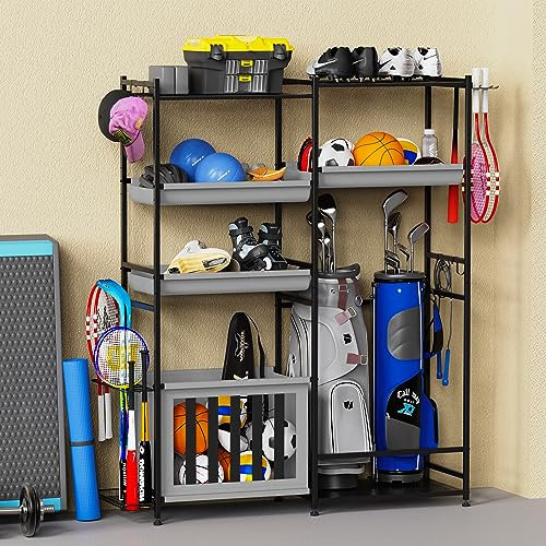 Sttoraboks Garage Sports Equipment Organizer, Large Sports Storage Rack Fits 2 Golf Bags and Other Sports Equipment, Sports Ball Gear Storage Stand with Oxford Baskets and Hooks for Indoor, Black
