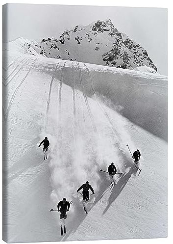 Posterlounge Abfahrtslauf in den Schweizer Alpen Leinwandbild von Vintage Ski Collection 100 x 130 cm Schwarz-Weiß Schweiz Wanddeko